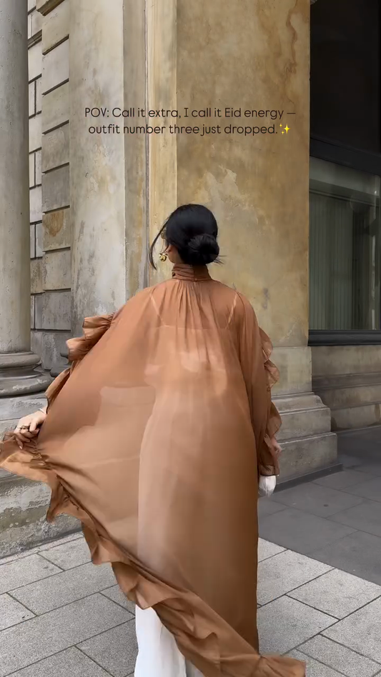 Brown Ruffled Cape - style Top with White Wide - leg Pants
