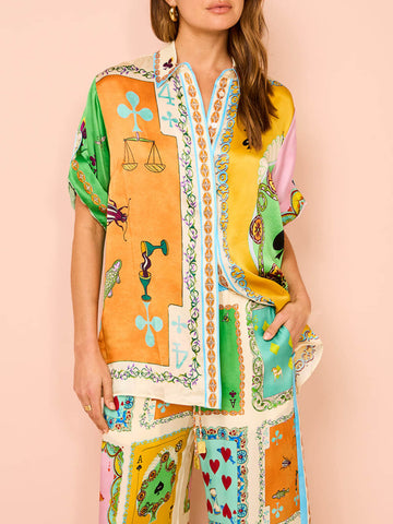 Fun Summer Unique Printed Button Up Oversized Shirt Outfit