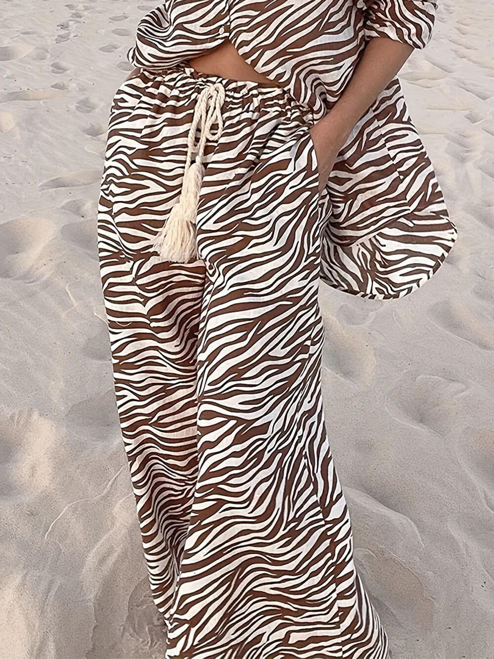 Button open collar loose zebra print drawstring wide leg pants suit