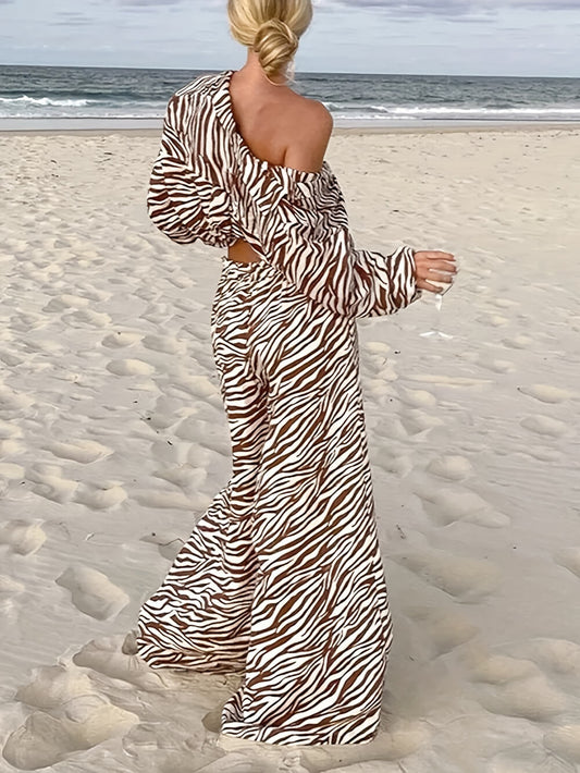 Button open collar loose zebra print drawstring wide leg pants suit