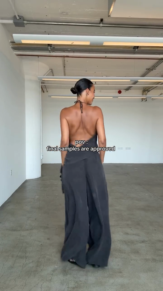 Black V - Neck Halter Top and Wide - Leg Pants Set