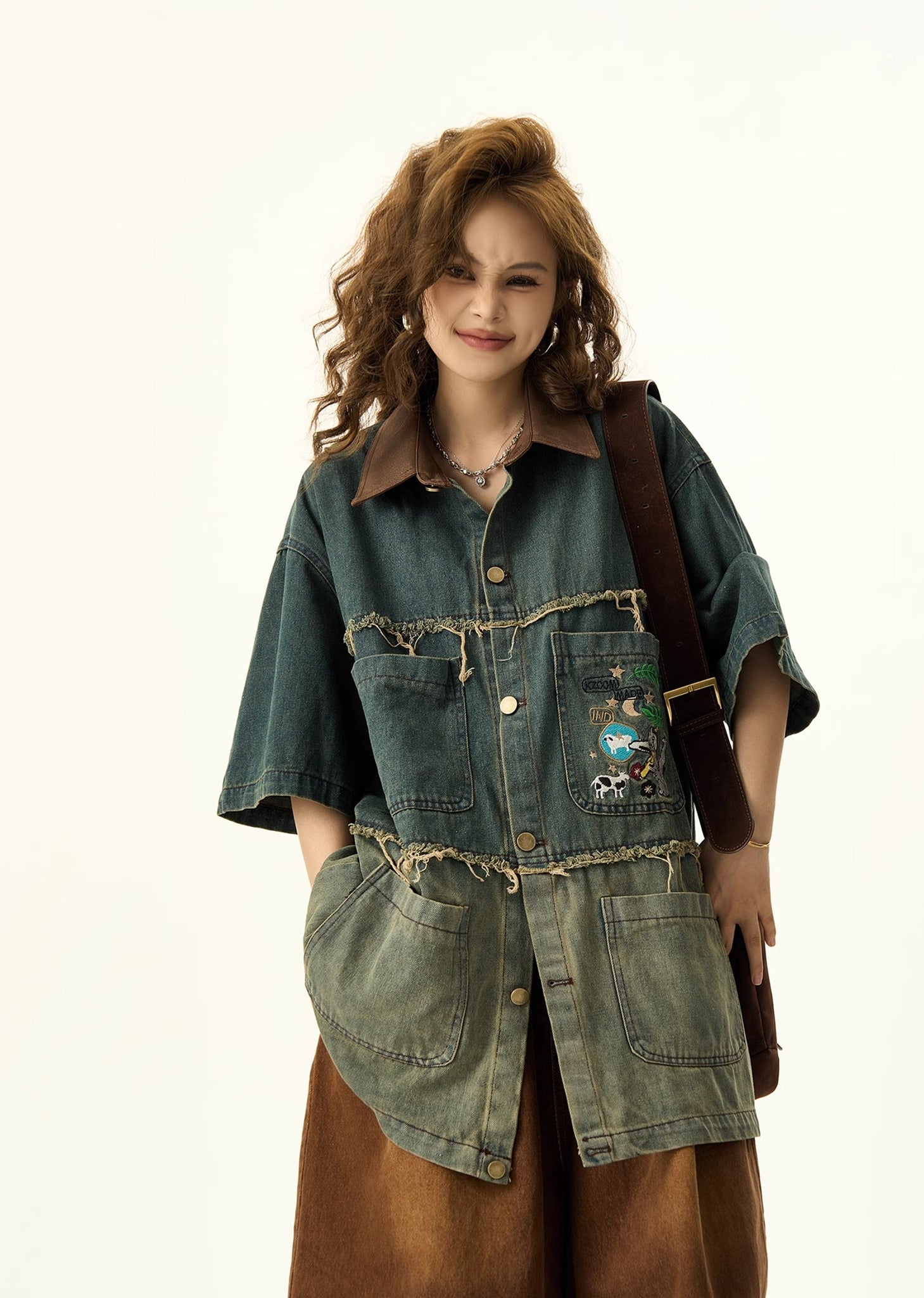 [H GANG X] Unique design mid-damage fringe short sleeve denim shirt HX0053