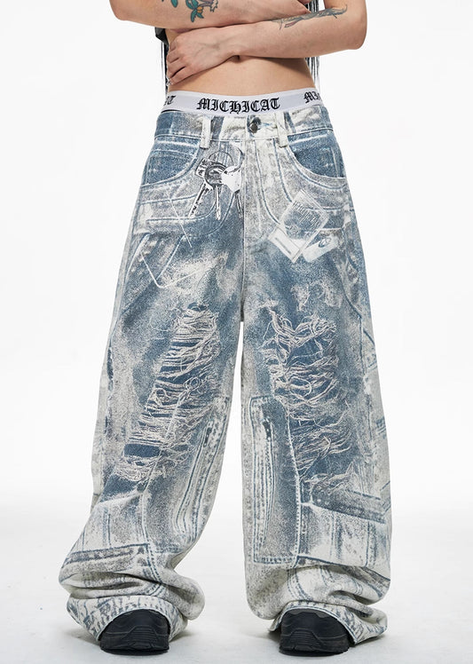 【People Style】Random wash gimmick damage design blue denim pants  PS0028