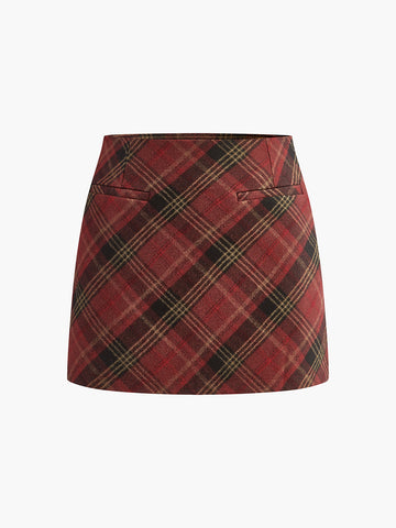 Mid-Waist Side-Zipper Checked Skirt