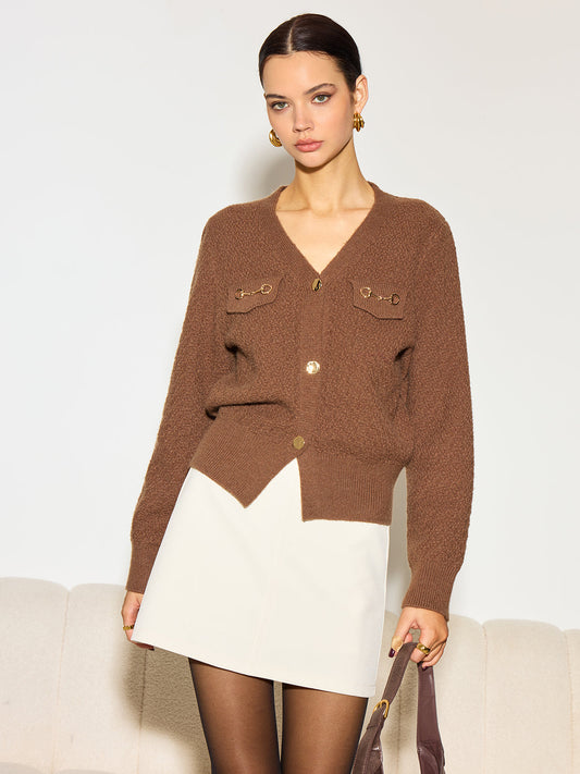 Metal-Detail Button Split Short Cardigan