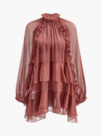 Tie Neck Semi-Sheer Ruffle Chiffon Dress