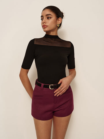 Sheer-Shoulder Short Sleeve Slim T-Shirt