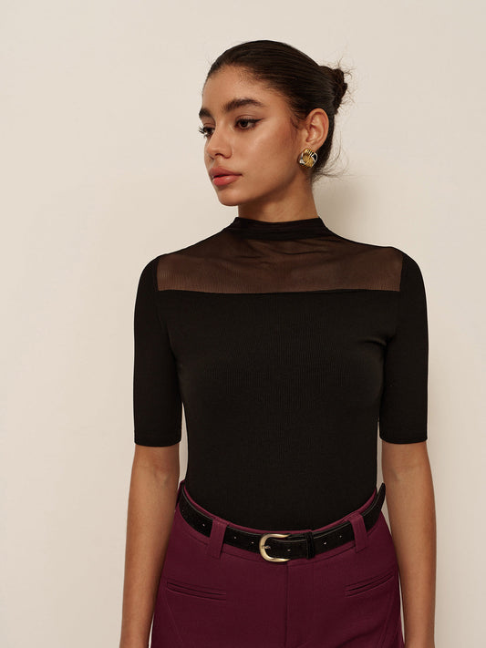 Sheer-Shoulder Short Sleeve Slim T-Shirt