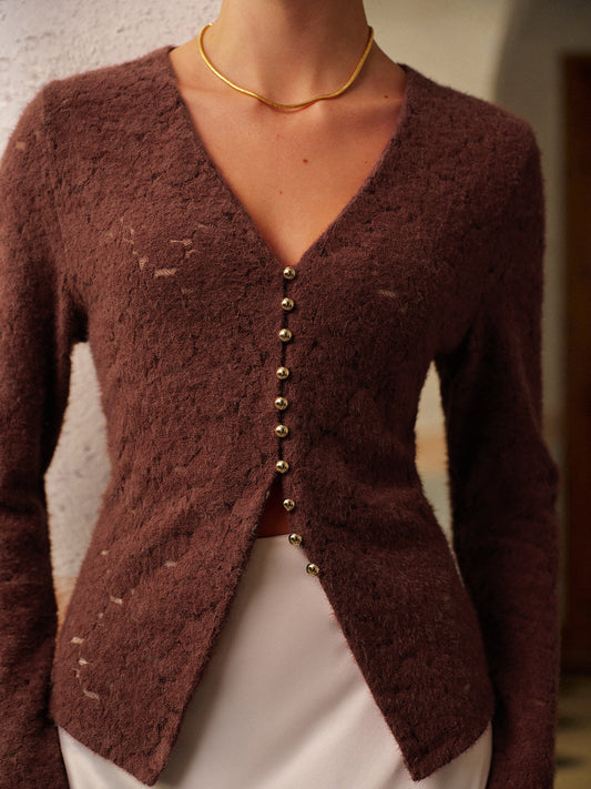 V-Neck Split Lace Blouse