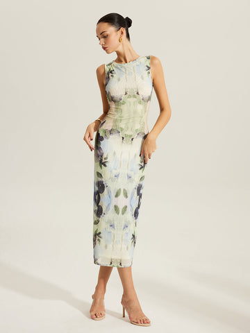 Floral Print Sleeveless Mesh Dress