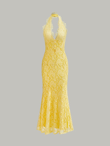 Halter Neck Floral Lace Dress
