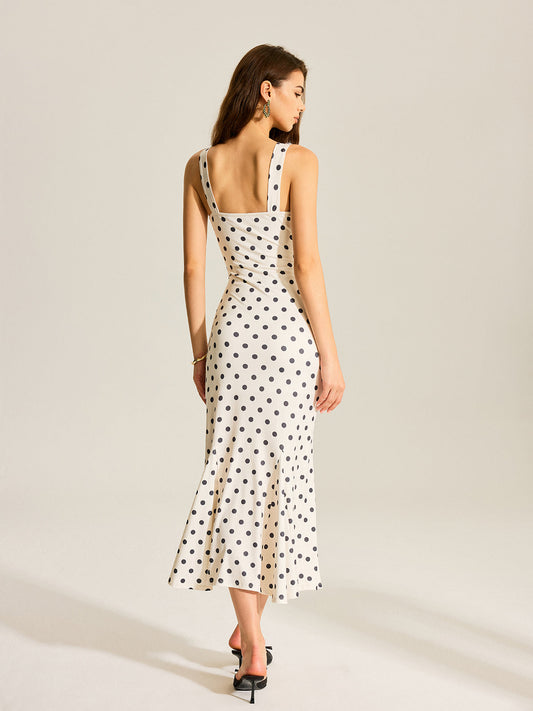 Lace-Trimmed Polka Dot Maxi Dress