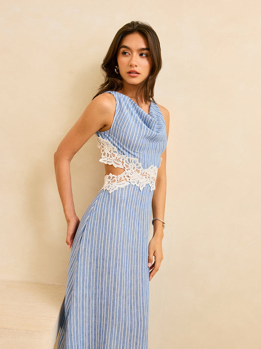 Striped Open-Back Dress with Lace Detail