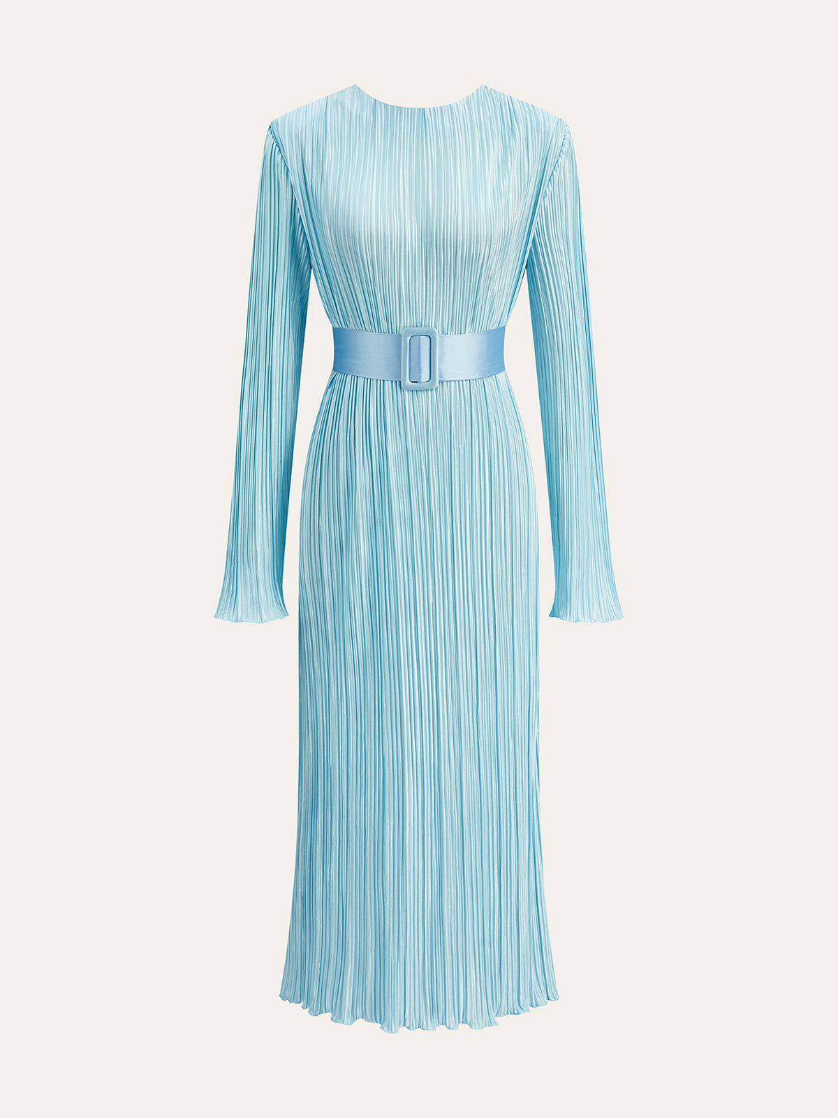 Belted Pleated Long-Sleeve Midi Dress