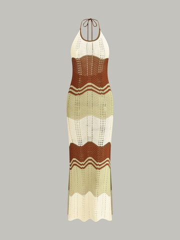 Contrast Stripe Crochet Halter-Neck Maxi Dress