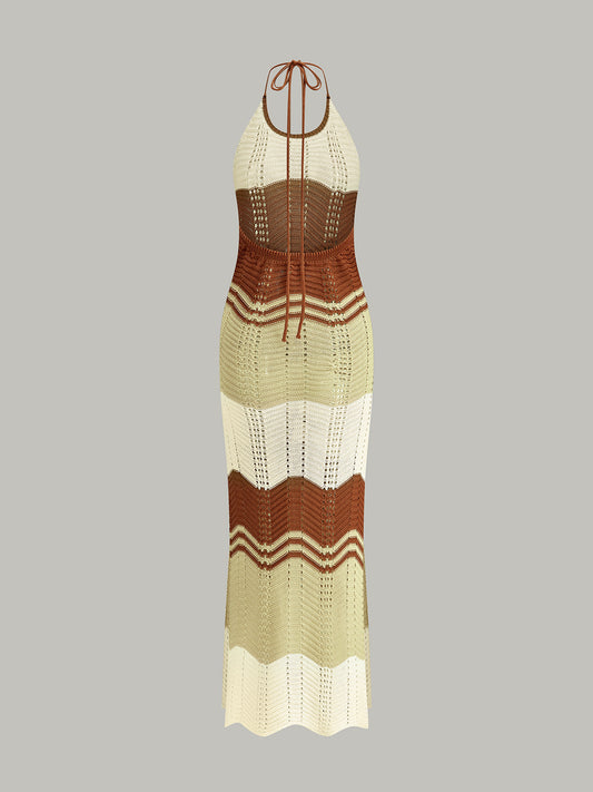 Contrast Stripe Crochet Halter-Neck Maxi Dress