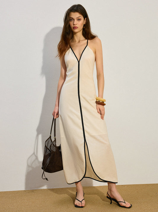 Tie Belt Linen & Cotton Maxi Dress