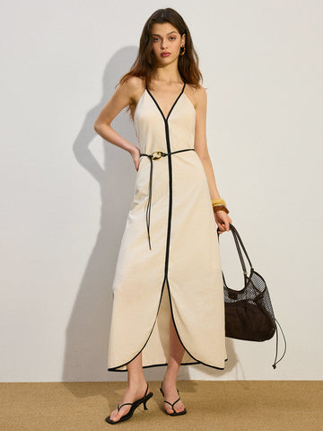 Tie Belt Linen & Cotton Maxi Dress