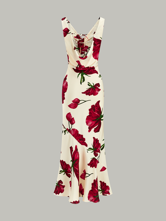 Cowl Neck Tie-Back Floral Print Mermaid Dress