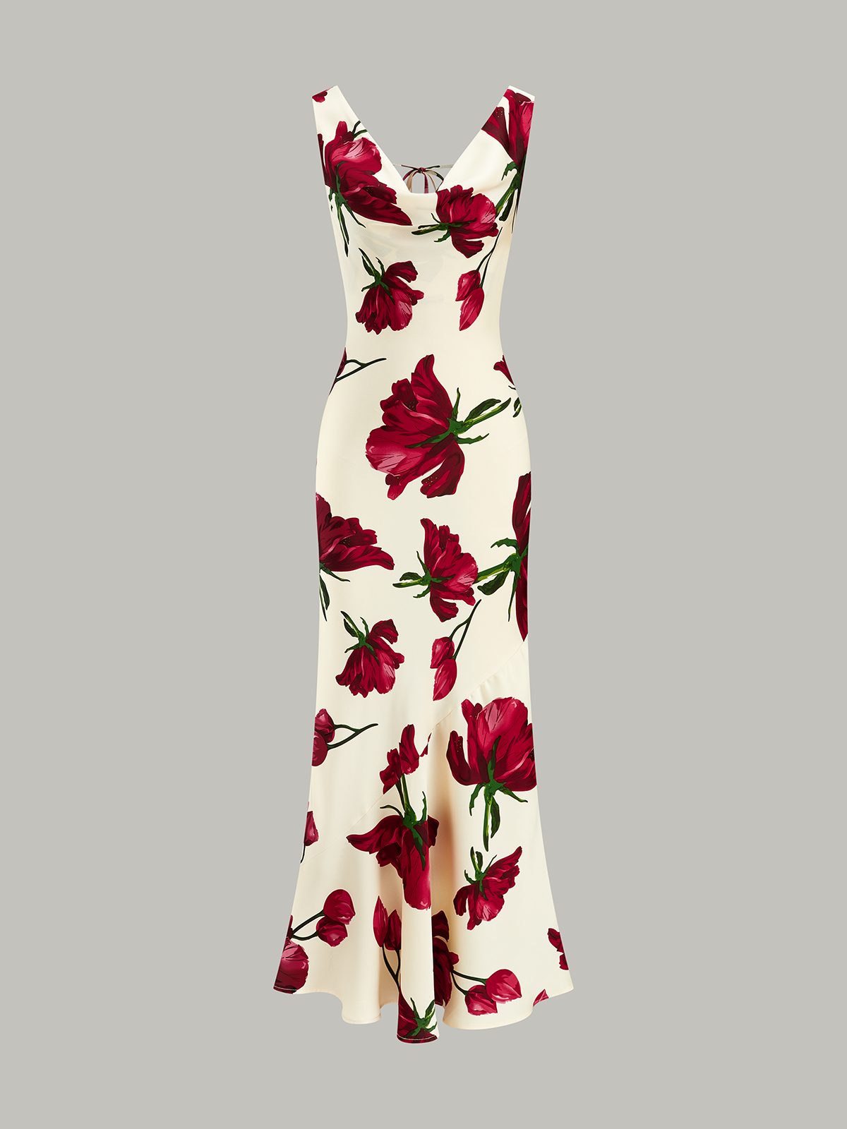 Cowl Neck Tie-Back Floral Print Mermaid Dress