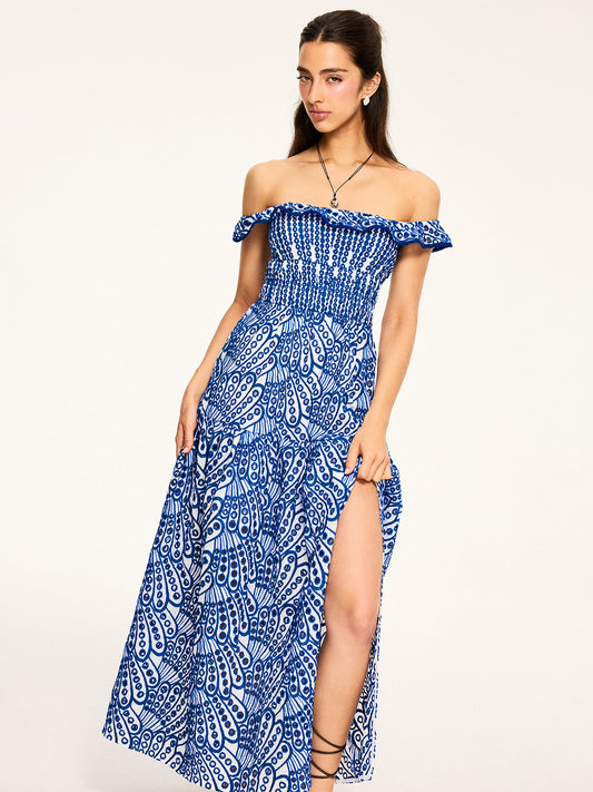 Embroidered Maxi Dress with Ruffled Trim
