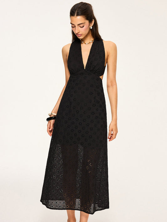 Eyelet Backless Criss-Cross Midi Dress