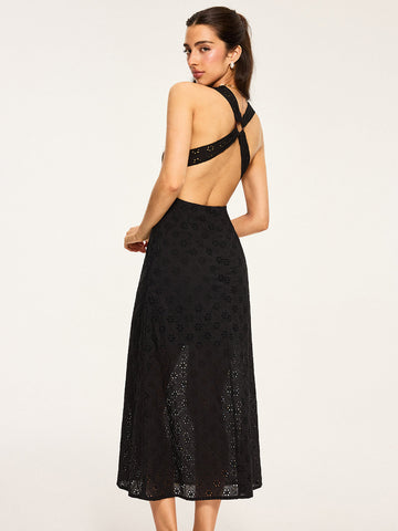 Eyelet Backless Criss-Cross Midi Dress
