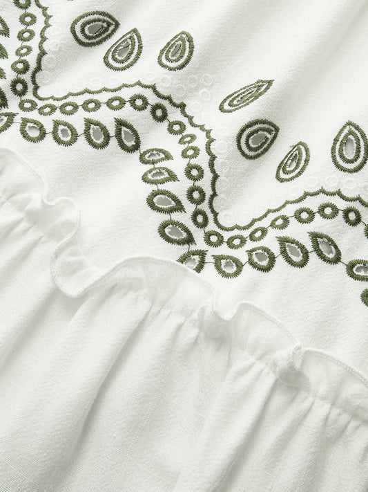 Linen & Cotton Embroidered Belted Mini Dress