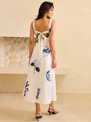 Tropical Print Square Neck Midi Dress