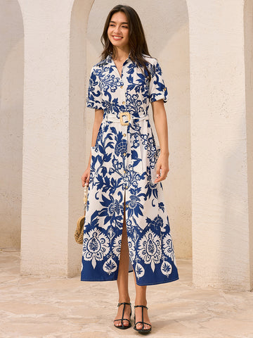 Pocketed Belted Floral Print Midi Dress