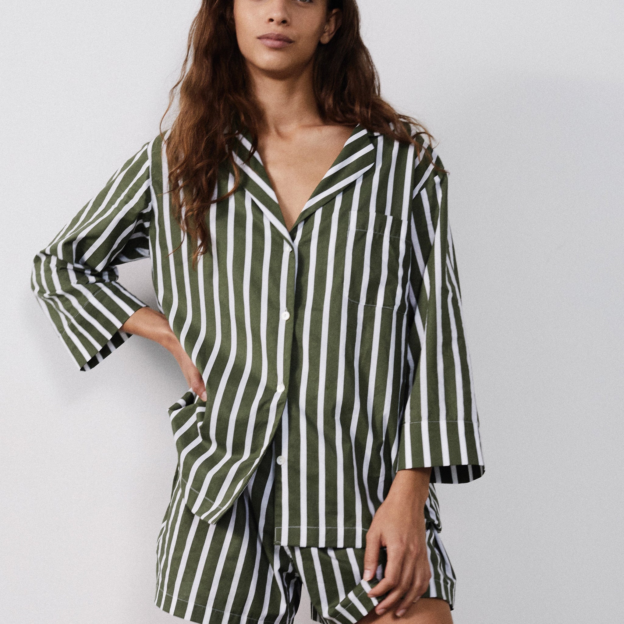Olive Stripe Pyjama Shorts Set
